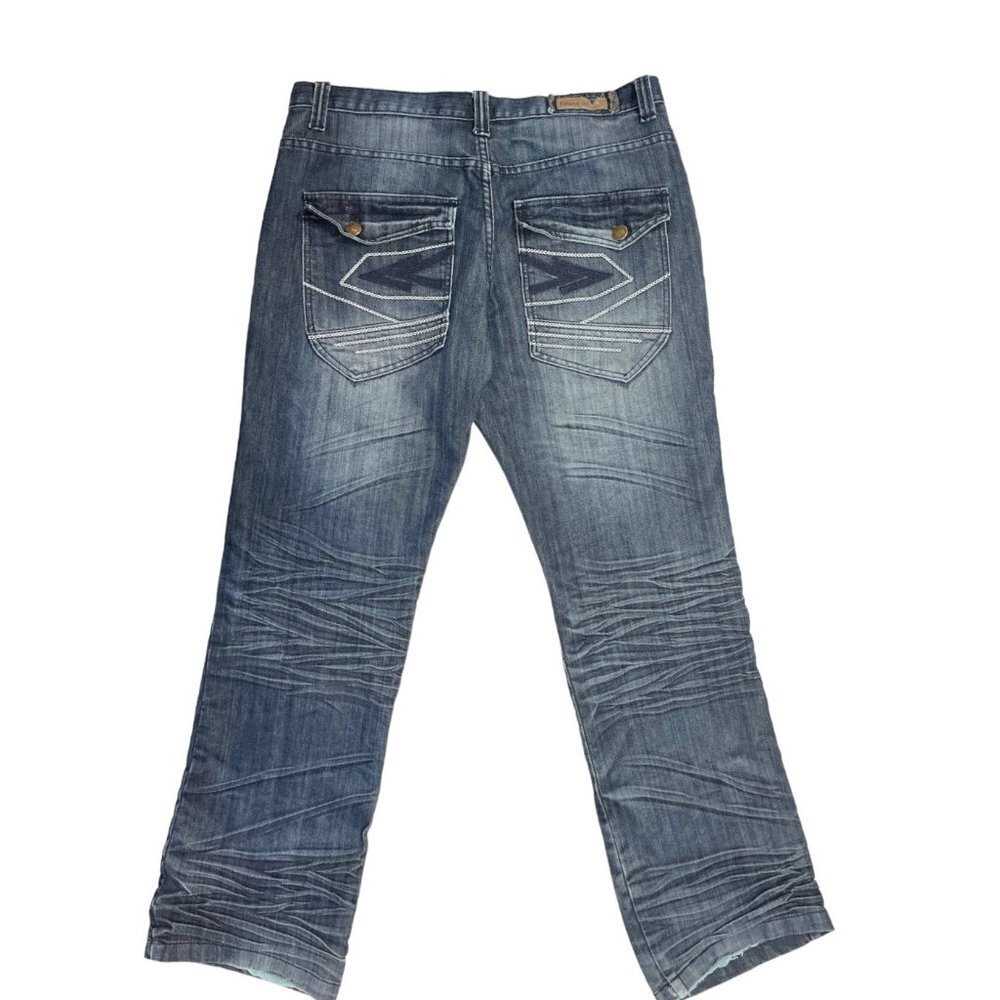 INDIGO 30 Men's Dark Denim Whiskered Jeans 36x34‎ Flaps Embroidery Bootcut EUC